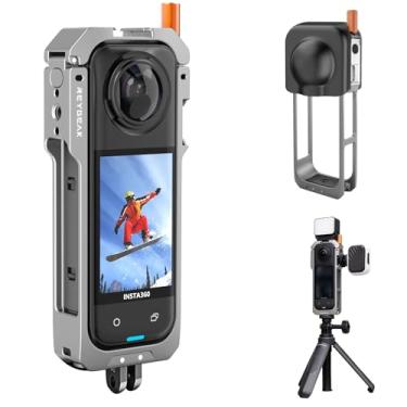 Imagem de REYGEAK Moldura utilitária Insta360 X5, gaiola de câmera de alumínio para Insta360 X5, capa protetora com capa de lente de silicone, capa protetora com dedos dobráveis de 1/4 de rosca para acessórios