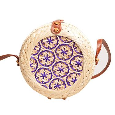 Imagem de SHAREYOIU Bolsas de ombro redondas de bambu tecidas à mão, estilo tropical de praia natural chique com alça de couro, nº 4 roxo, Big，7.87x 3.2 inch