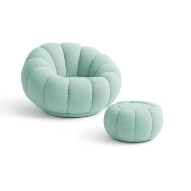 Imagem de Kit Poltrona Decorativa Concha C/Almofada e Puff Boucle Azul Turquesa 