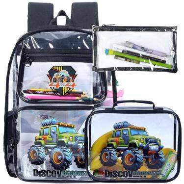 Imagem de AGSDON Conjunto de mochila transparente de 40,6 cm com gráficos de caminhão, pacote escolar de 3 peças, inclui lancheira isolada e estojo de lápis para meninos (preto/verde)