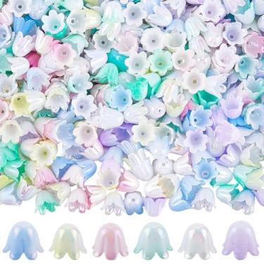 Imagem de SUNNYCLUE 1 caixa, 480 peças, 6 cores, contas de flor de lírio, tampas de contas de flores de acrílico 11 mm gradiente de plástico colorido campainha trompete floral tulipa tampas de extremidade solta