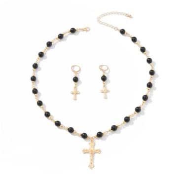 Imagem de GIGB PBDK Conjunto de joias góticas de cruz para mulheres vintage crucifixo preto com pingente de contas gargantilha brincos pingente moderno charme bênção colar joias de casamento, Large, Metal, Sem