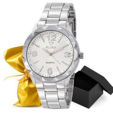 Imagem de Relógio Feminino Eura Metal Prateado Embalagem Presente, Branco