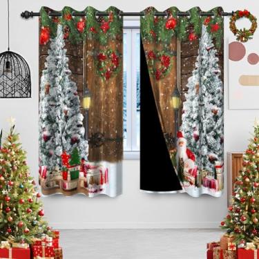 Imagem de Cortinas blackout de Natal para sala de estar, celeiro de madeira, guirlanda de árvore de Natal, painéis pretos para presentes de quarto Papai Noel, ilhós, cortinas de janela com isolamento térmico