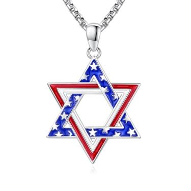Imagem de DOTBJ Colar Com Estrela De Davi E Bandeira Americana Para Homens Mulheres, Pingente Judaico Prata Esterlina 925 Corrente Aço Inoxidável 22" + 2"