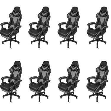 Imagem de Kit 8 Cadeiras Gamer com Rodízios Pu Hawker 3315 Preto/Cinza