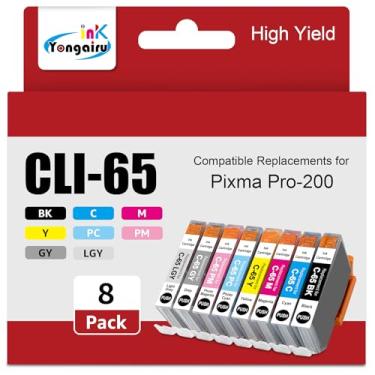 Imagem de Yongairuink Cartucho de tinta CLI-65 CLI65 mostra o nível de tinta para impressora a jato de tinta fotográfica profissional CAN PIXMA PRO-200 (pacote com 8)