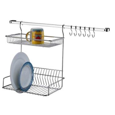 Imagem de Kit Escorredor De Louças Duplo Com Barra Ganchos De Parede Para Cozinh