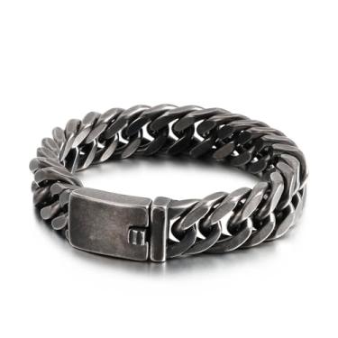 Imagem de Azubpi Pulseira masculina de aço inoxidável, vintage, acabamento preto, design de elos grandes, corrente em formato de losango, preta