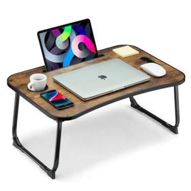 Imagem de VIFOCAE Mesa de colo dobrável, mesa para laptop, mesa de colo portátil, mesa de cama para laptop com suporte de copo e compartimento para tablet e alça de elevação para trabalhar, escrever, desenhar e