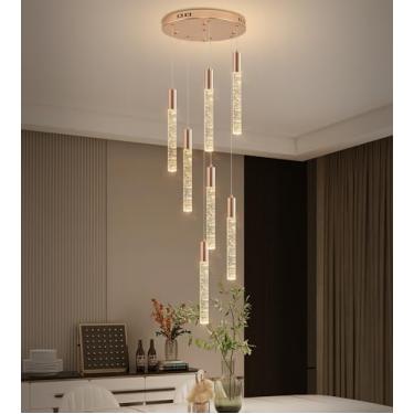 Imagem de Phoonyii Lustre de cristal de teto alto de 7 luzes, luminária pendente de gota de chuva de LED moderna 152 cm H Lustre de montagem embutida dourado para hall de entrada, escada, sala de estar