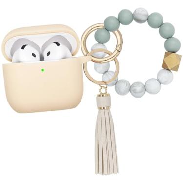 Imagem de KOUJAON Capa compatível com AirPods 4, capa protetora de silicone macio com chaveiro de pulseira, compatível com fones de ouvido sem fio Apple AirPods 4ª geração (bege)