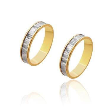Imagem de Par de Alianças de Noivado Zeus Ouro Amarelo e Ouro Branco Pontuado 4 