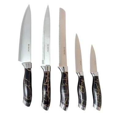 Imagem de Kit Jogo de 5 Facas Aço Inox Conjunto de Facas Inoxidável Para Cozinha Chef Churrasco Carnes e Legumes Para Preparar Alimentos Multiuso Profissional