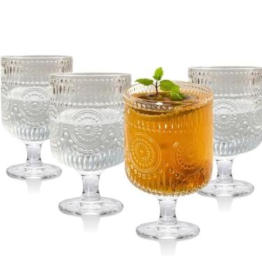 Imagem de Dwlire Conjunto de 4 copos vintage de taça de vinho floral em relevo de 227 g, copos de vinho românticos para coquetel, copos de bebida mista, globlets de vidro para café, refrigerante, suco de