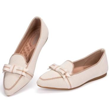 Imagem de BEJINASH Mocassim feminino casual de tecido de malha leve e elegante, lavável, elegante, bico fino, cadarço com laço, sapatos de balé confortáveis para mulheres, perfeitos para o dia a dia, Amêndoa
