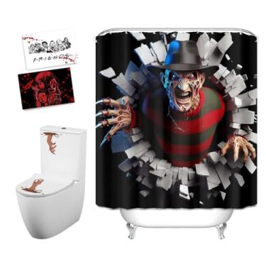 Imagem de feitengda Cortina de chuveiro decorativa de Halloween para Freddy Kruege - 182 x 182 cm, inclui 10 ganchos de plástico, adesivo de banheiro bônus e 2 cartões postais de Halloween, perfeita para festas