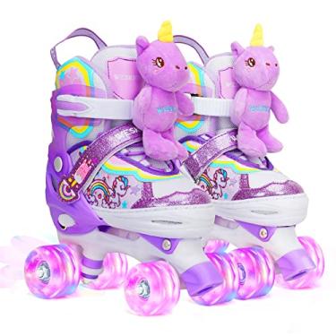 Imagem de Boneca Unicórnio infantil patins para meninas, sapatos de patinação quádrupla WESKIFAN com rodas brilhantes e tamanhos ajustáveis patins para iniciantes para presentes de aniversário, Natal, patinhas