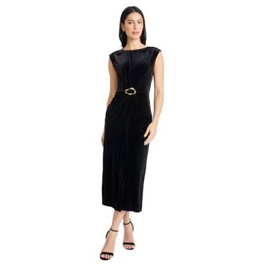 Imagem de Maggy London Vestido feminino sem mangas de veludo midi bainha gola canoa elegante coquetel festa, Preto, 52