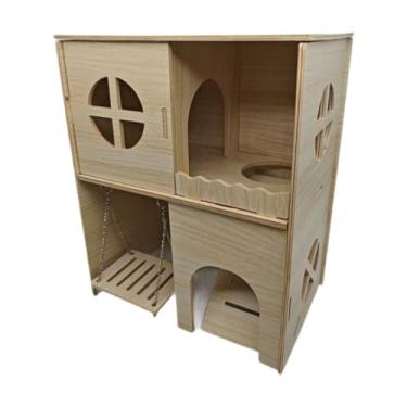 Imagem de Fenteer Casa de madeira para hamster de 2 camadas, acessórios para gaiola de gerbilo, cabana para hamster, acessórios para lemingues, hamsters sírios