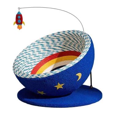 Imagem de MotiveTech Arranhador para gatos, cama para gatos com brinquedo de mola, resistente ao desgaste, oval, almofada para arranhar gatos, almofada para brincar e, Base Azul