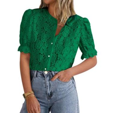 Imagem de Blusa feminina PRETTYGARDEN, manga curta, renda verde escura