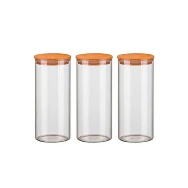 Imagem de Kit 3 Potes de Vidro 1500ml Hermético Com Tampa de Madeira Bambu Porta