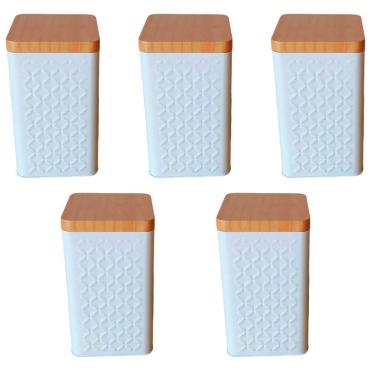 Imagem de Kit 5 Potes Latas Porta Mantimento Tampa Bambu Café E Açucar