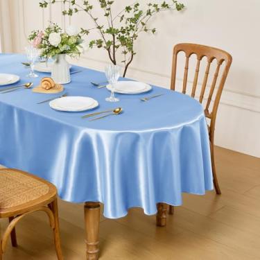 Imagem de Entisn Toalha de mesa oval de 152 x 250 cm, feita de tecido de cetim azul claro, adequada para 8 a 10 lugares, resistente a rugas e design fácil de limpar, decoração de mesa para casamento, banquete