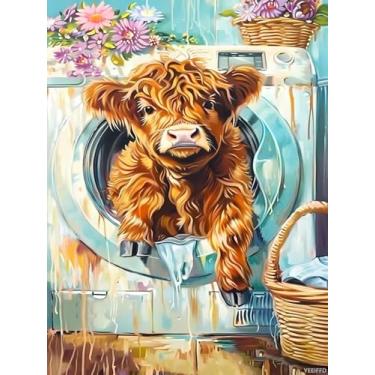 Imagem de YEEIFFD Kits de pintura de diamante de lavanderia 5D para adultos, a vaca na máquina de lavar, faça você mesmo, broca completa, artes e artesanato, pinturas de arte de pedras preciosas para decoração
