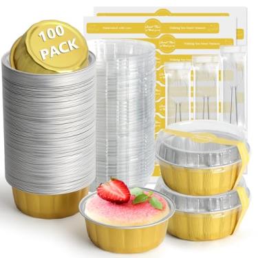 Imagem de Ruckae 100 peças de mini formas redondas para assar com tampas, mini formas de bolo com tampas, copos descartáveis de ramequins de folha de alumínio para festa de aniversário, casamentos (ouro, 227 g)