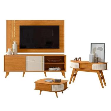 Imagem de Rack Bancada e Painel para TV Cronos com Aparador Estoril e Mesa de Centro Indianápolis Cinamomo Off White - Madetec