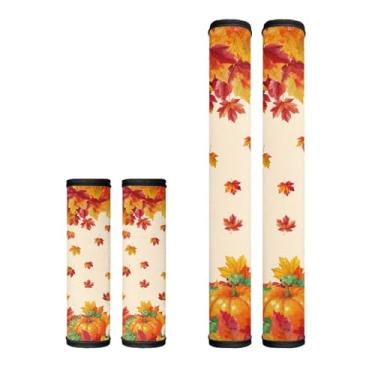 Imagem de Horeset Capa de maçanetas de geladeira de folha de bordo e abóbora antiderrapante para utensílios de cozinha para micro-ondas, forno, lava-louças, fogão, acessórios de decoração de cozinha (4 peças)