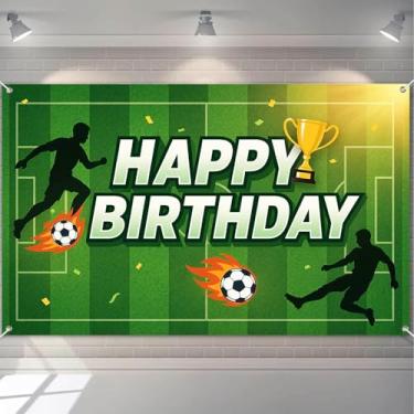 Imagem de HOMETITUTE Faixa de feliz aniversário, tema de futebol com jogadores, decorações de troféus e gols de campo, faixa de aniversário, festa interna e externa, pano de fundo 71 x 43 polegadas