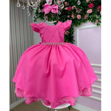 Imagem de Vestido Infantil Rosa Chiclete Menina Luxo - Tecido 100% Poliéster e T