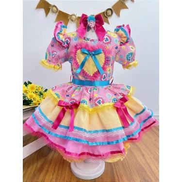 Imagem de Vestido Infantil Junino Caipira Rosa Amarelo Colorido Estampado para F