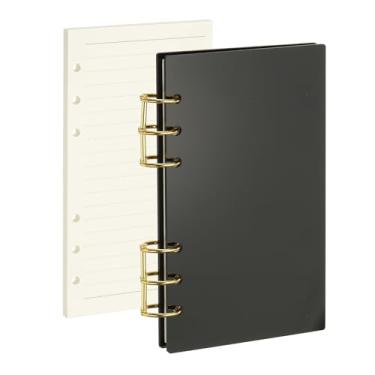 Imagem de PATIKIL Capa para caderno com 6 anéis, fichário acrílico A6, 2 anéis redondos de metal dourado com 90 folhas forradas para planejamento de viagem e escritório, preto