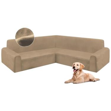 Imagem de HDCAXKJ Capas de sofá seccionais de veludo elástico em forma de L conjunto de capas de sofá macias e grossas, em forma de U, protetor de móveis mágicos antiderrapantes para cães de estimação