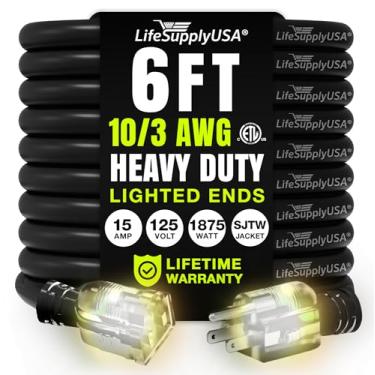 Imagem de LifeSupplyUSA - Cabo de extensão SJTW de 1,8 m 10/3 com extremidade iluminada, cor preta, resistente, durabilidade extra, 15 A, 125 V, 1875 W, ETL