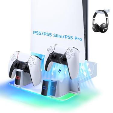 Imagem de Kit de montagem de parede com estação de carregamento para PS5/PS5 Slim/PS5 Pro, suporte de parede Mcbazel RGB com acessórios de gancho de fone de ouvido para PS5 Pro/PS5/PS5 Slim Disc e digital
