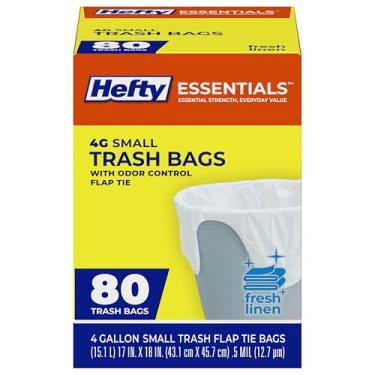 Imagem de Hefty Sacos de lixo Essentials Flap Tie 4 galões, 80 unidades, pequenos sacos de lixo perfumados para banheiros, quartos, dormitórios, escritórios domésticos e muito mais, perfume de linho fresco
