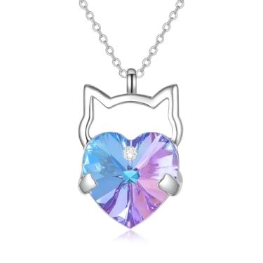 Imagem de Colar com pingente de gato de cristal, corrente de prata com design de gato dormindo, 45 cm de comprimento, Adjustable, Aço inoxidável, Zircônia cúbica