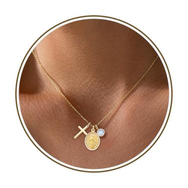 Imagem de Colares de cruz de ouro para mulheres, colar de pedra do mês de nascimento de 1 a 12 anos, presentes de confirmação de fé, presentes para meninas adolescentes, Virgem Maria, presentes para cristãos