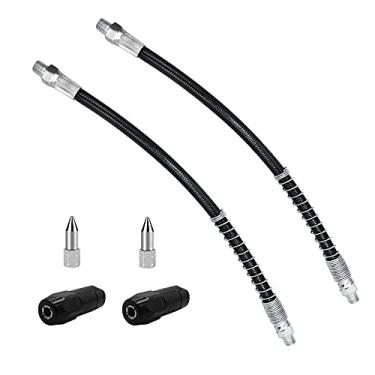 Imagem de Mangueira de pistola de graxa de 50,8 cm, kit de acessórios para pistola de graxa, inclui 2 peças de extensão de mangueira de graxa flexível, 2 peças de acopladores de graxa padrão de 4 garras e 2 peças de bocais afiados (NPT) de 0,3 cm