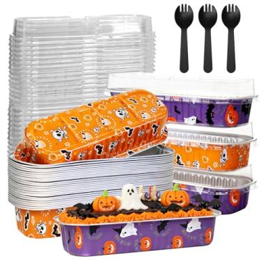 Imagem de ylnurac Pacote com 50 mini formas de bolo de Halloween com tampas, mini formas de pão descartáveis com tampas e colheres, formas de folha de alumínio de 193 g, recipientes individuais de copos de
