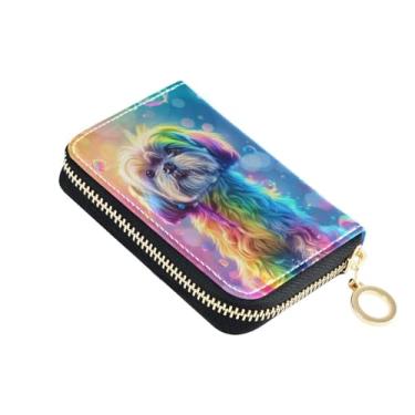 Imagem de Carteira com porta-cartão de crédito, bloqueio de RFID, zíper Shih Tzu, couro fino, pequeno para mulheres e homens