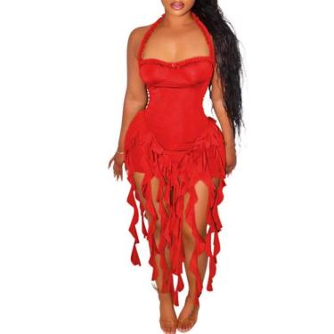 Imagem de Vestido Ecirod Summer Ruffle Fringe Halter, sem encosto, vermelho, fem