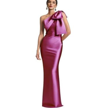 Imagem de Vestido de festa formal para mãe da noiva de um ombro com laço, sereia