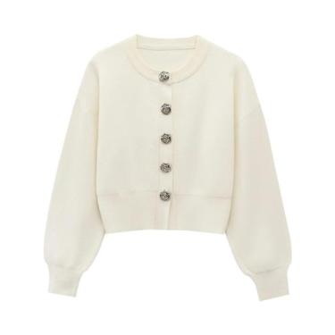 Imagem de Conjunto De Cardigan De Malha Cropped E Saia Mini Feminino Com Botões 