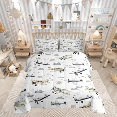 Imagem de Jogo de cama de casal com desenho de avião, para crianças, crianças, crianças, meninos, adolescentes, avião, reversível, conjunto de edredom com tema de aviação